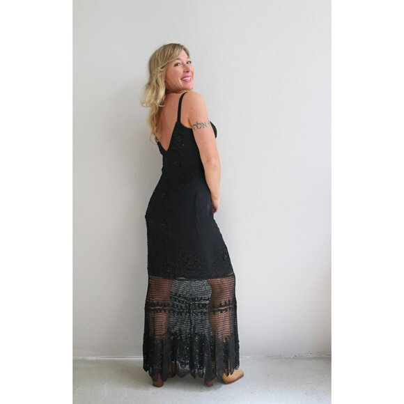 1990's Vintage Cache Black Fringe Cocktail Dress ~ Women's Small to Medium SM MD - Picture 4 of 10